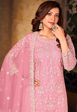 Embroidered Net Pakistani Suit in Pink