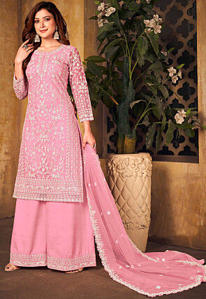 Embroidered Net Pakistani Suit in Pink
