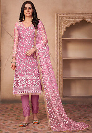 Embroidered Net Pakistani Suit in Pink