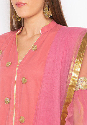 Embroidered Net Pakistani Suit in Pink