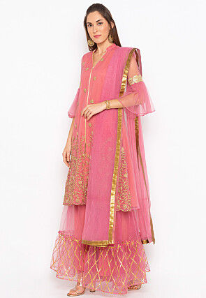 Embroidered Net Pakistani Suit in Pink