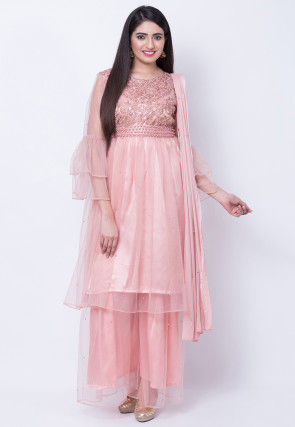 Embroidered Net Pakistani Suit in Pink