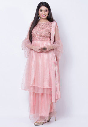 Embroidered Net Pakistani Suit in Pink