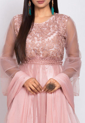Embroidered Net Pakistani Suit in Pink
