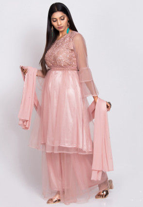 Embroidered Net Pakistani Suit in Pink