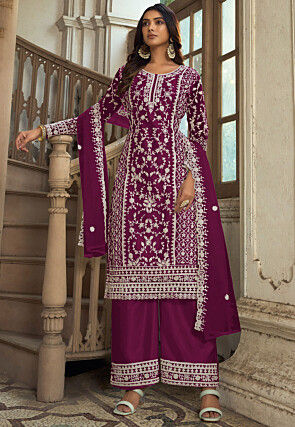 Embroidered Net Pakistani Suit in Purple