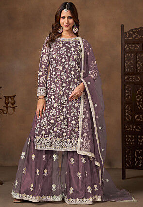 Embroidered Net Pakistani Suit in Purple