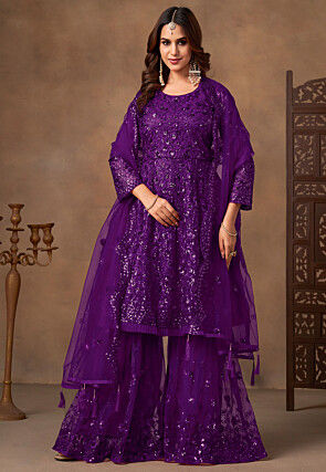 Embroidered Net Pakistani Suit in Purple