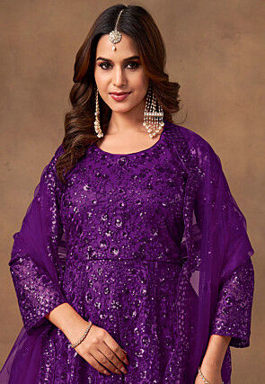Embroidered Net Pakistani Suit in Purple