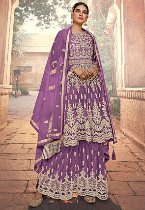 Embroidered Net Pakistani Suit in Purple