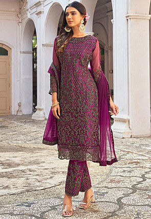 Embroidered Net Pakistani Suit in Purple