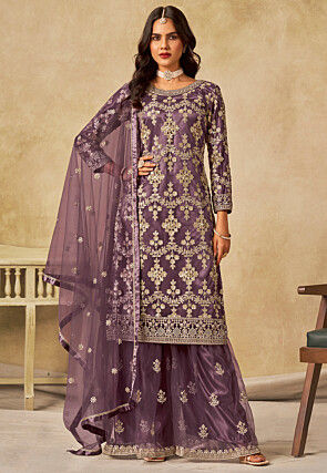 Embroidered Net Pakistani Suit in Purple