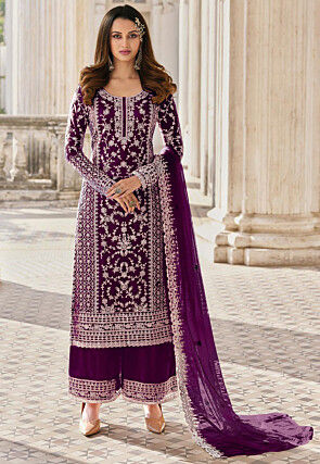 Embroidered Net Pakistani Suit in Purple