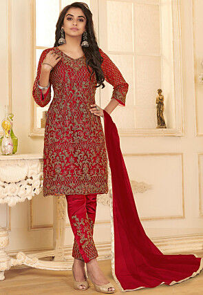 Embroidered Net Pakistani Suit in Red