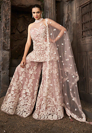 Embroidered Net Pakistani Suit in Old Gold