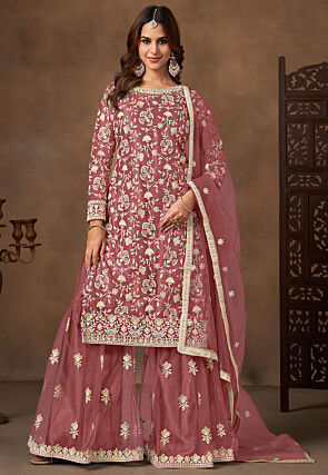 Embroidered Net Pakistani Suit in Rose Gold