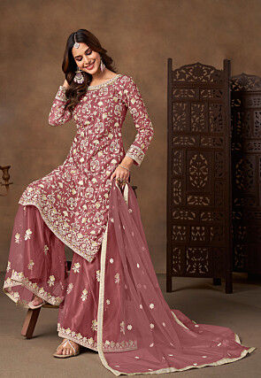 Embroidered Net Pakistani Suit in Rose Gold