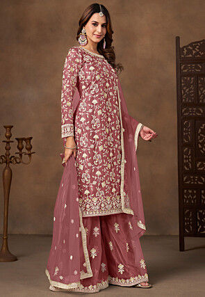 Embroidered Net Pakistani Suit in Rose Gold