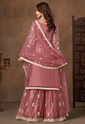 Embroidered Net Pakistani Suit in Rose Gold