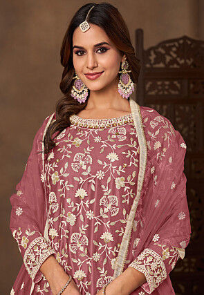 Embroidered Net Pakistani Suit in Rose Gold