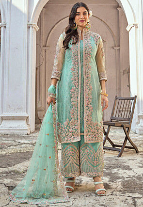 Embroidered Net Pakistani Suit in Sea Green