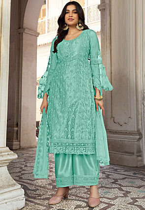 Embroidered Net Pakistani Suit in Sea Green KCH12084
