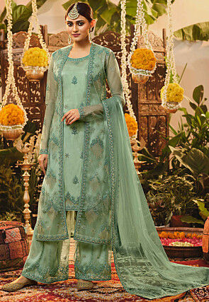 Embroidered Net Pakistani Suit in Sea green
