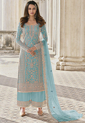 Embroidered Net Pakistani Suit in Sky Blue