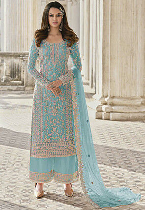 Embroidered Net Pakistani Suit in Sky Blue