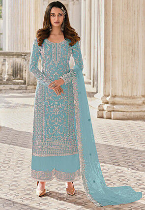 Embroidered Net Pakistani Suit in Sky Blue