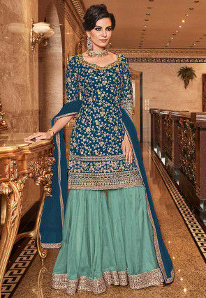 Embroidered Net Pakistani Suit in Teal Blue