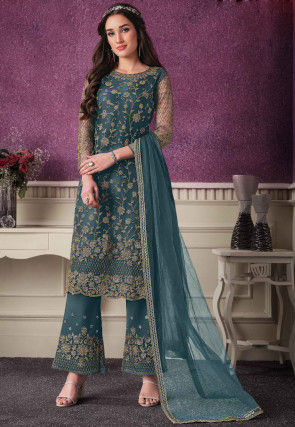 Embroidered Net Pakistani Suit in Teal Blue