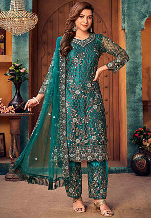 Embroidered Net Pakistani Suit in Teal Green