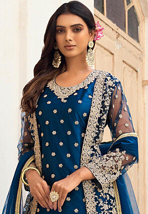 Embroidered Net Pakistani Suit in Teal Blue