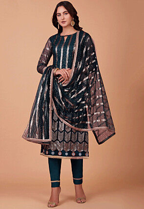 Embroidered Net Pakistani Suit in Teal Blue