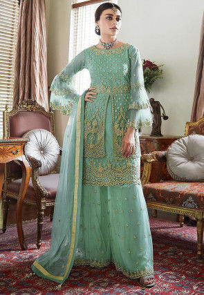 Embroidered Net Pakistani Suit in Turquoise