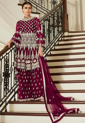 Embroidered Net Pakistani Suit in Wine