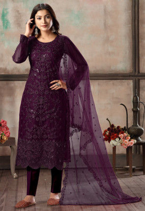 Embroidered Net Pakistani Suit in Wine