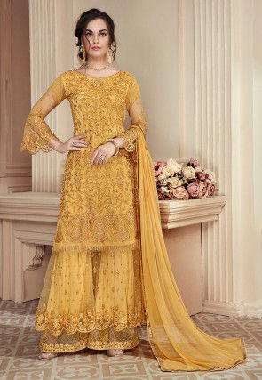 Embroidered Net Pakistani Suit in Yellow