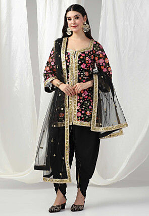 Embroidered Net Punjabi Suit in Black