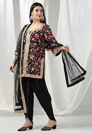 Embroidered Net Punjabi Suit in Black