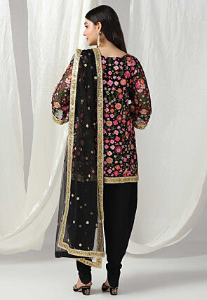 Embroidered Net Punjabi Suit in Black