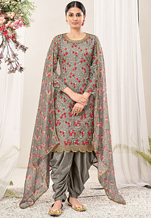 Embroidered Net Punjabi Suit in Grey
