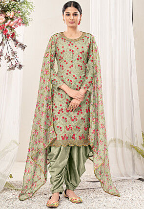 Embroidered Net Punjabi Suit in Dusty Green