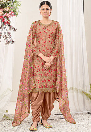 Embroidered Net Punjabi Suit in Peach