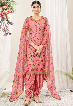 Embroidered Net Punjabi Suit in Pink