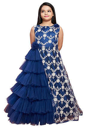 Embroidered Net Ruffled Gown in Navy Blue
