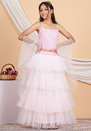 Embroidered Net Ruffled Lehenga in Baby Pink
