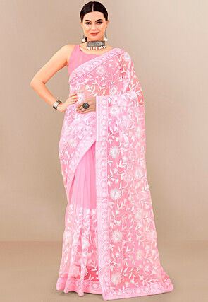 Embroidered Net Saree in Baby Pink