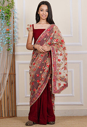 Embroidered Net Saree in Beige and Maroon